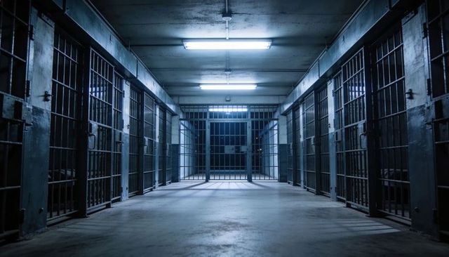 Empty prison cellblock corridor leading to heavy security gate under cold blue lighting