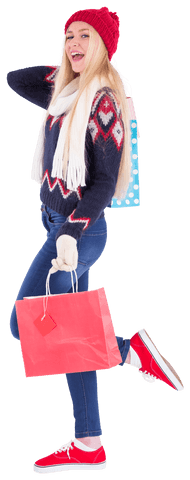 Festive Blonde Woman Carrying Shopping Bags Transparent Background