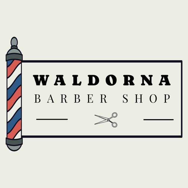 Illustration of barber shop sign featuring classic red, white, and blue barber pole beside bold text reading 'Waldorna Barber Shop'. Includes scissors icon for added detail. Ideal for advertising barbershop services, designing business logos, shop signage, and creating promotional materials reflecting a vintage aesthetic.