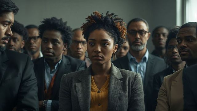Listening professional woman focusing in packed corporate meeting with colleagues