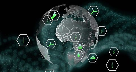 Futuristic AR globe dashboard showing Africa-Europe sustainability and green energy icons