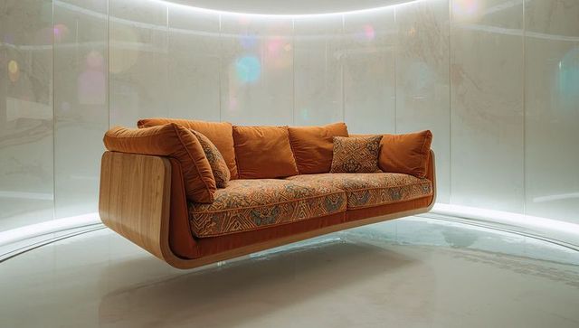 Levitating midcentury wood-frame sofa with orange upholstery and led halo lighting showroom