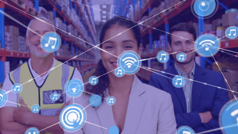 Warehouse Team with Network of Digital Icons Overlay