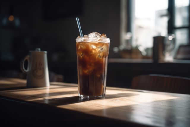 Glass of iced black coffee on wooden counter in sun, created using generative ai technology. Coffee, summer, cafe, drinks and refreshments concept digitally generated image.