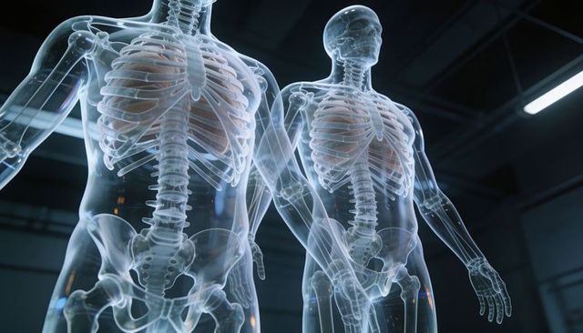 Translucent human anatomy models showing glowing skeletons and lungs in futuristic lab