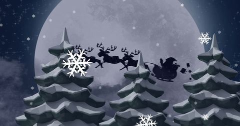Santa Claus Flying Past Moon with Reindeer in Winter Wonderland - Download Free Stock Images Pikwizard.com