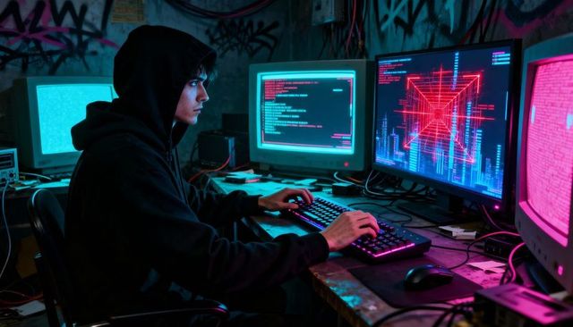 Hacker typing on multi-monitor cyberpunk workstation, neon basement coding scene with rgb keyboard
