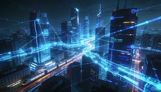 Futuristic smart city connecting skyscrapers and high-speed train with glowing data ribbons