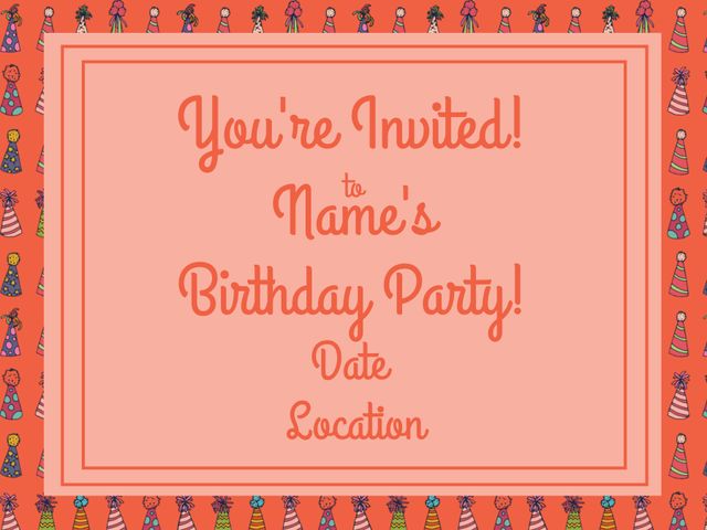 This vibrant birthday invitation template is ideal for announcing a festive celebration. Featuring a cheerful border showcasing party hats and presents, it adds a lively and playful touch. It is perfect for customizing names, dates, and locations for a personal touch. Use this for children's parties, family gatherings, or friends' celebrations to set a joyous tone right from the invite.