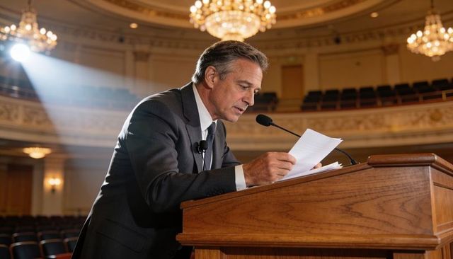 Middle-aged businessman speaking at lectern in ornate auditorium under dramatic spotlight