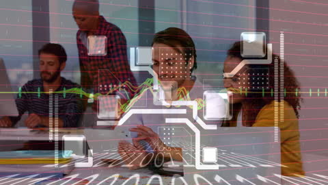 Digital Collaboration in Modern Office with Data Processing Overlay