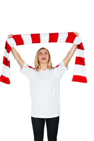 Excited Female Football Fan with Scarf in Air on Transparent Background