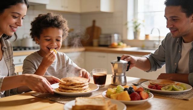 Cozy family breakfast sharing pancakes and coffee in sunlit modern kitchen