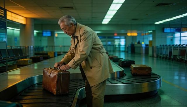 Senior asian man retrieving vintage leather suitcase at airport baggage claim