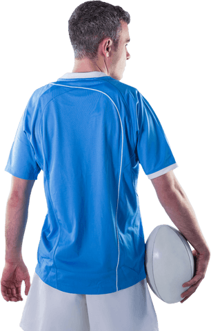 Back View of Rugby Player Holding Ball on Transparent Background