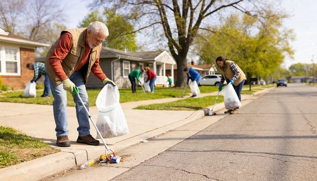 Senior volunteer cleaning suburban street with grabber during community cleanup