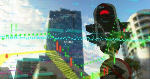 Red Traffic Light and Financial Data Overlay with Urban Backdrop