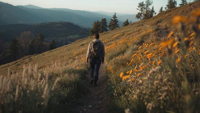 Solo hiker walking wildflower-covered ridge at golden hour with layered mountain valley