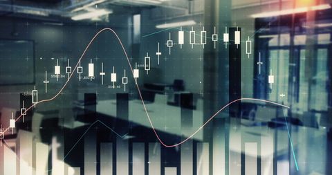 Financial analytics overlay in modern office environment
