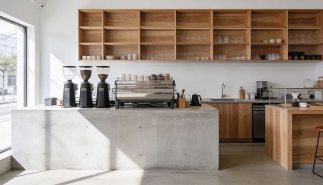 Sunlit minimalist coffee bar featuring concrete counter and espresso machine