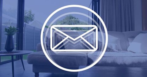 Envelope icon overlaying modern living room interior featuring sofa, glass doors, backyard