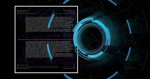 Cyan hud interface visualizing radial data streams, algorithmic rings, binary code flow