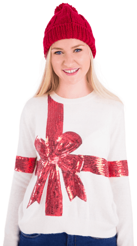 Smiling Blonde Woman in Festive Transparent Sweater with Knit Hat