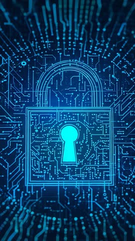 Neon Padlock Forming Keyhole in Circuitry Conveying Encryption and Network Security