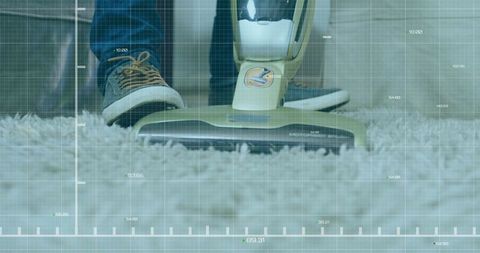 Modern stick vacuum cleaner gliding over shag carpet in home