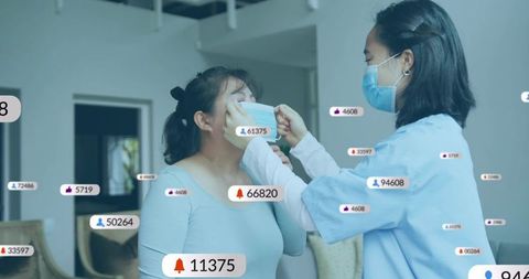 Homecare nurse adjusting surgical mask on patient with social media notification overlays