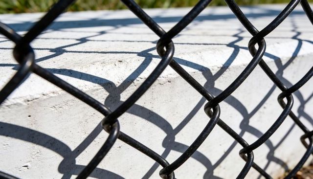 Black chain-link fence casting diamond shadows on sunlit concrete curb geometric pattern