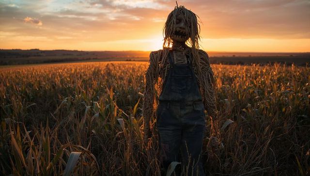 Scarecrow Silhouette in Cornfield at Sunset