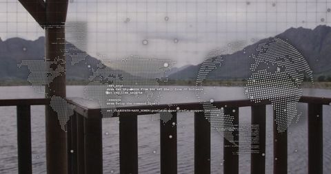 Technology overlay merging with scenic lakeside and mountains