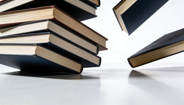 Floating and stacked hardcover books with cream pages on bright white studio tabletop