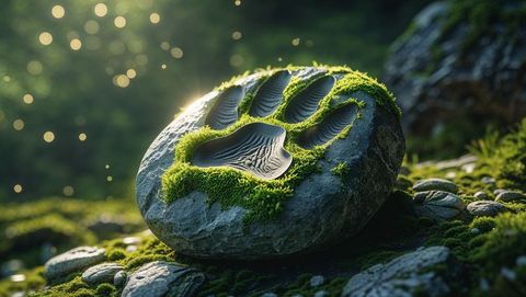 Serenity in nature: mossy rocks with water-filled paw prints