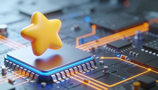 Glowing star mascot hovering above high-tech processor on circuit board with neon traces
