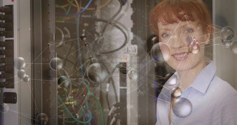 Female IT engineer inspecting server rack with futuristic network visualization overlay
