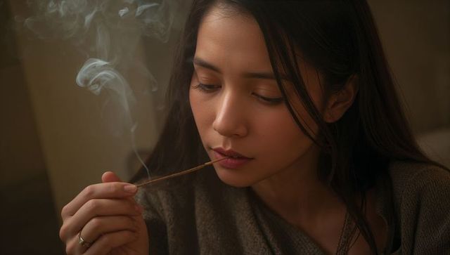 Asian woman holding lit incense stick in warm dim room, contemplative serene portrait