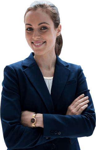 Transparent Businesswoman with Crossed Arms Smiling Boldly