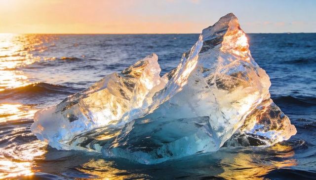 Sunlit faceted iceberg refracting sunrise light, floating crystal-clear ice on open ocean