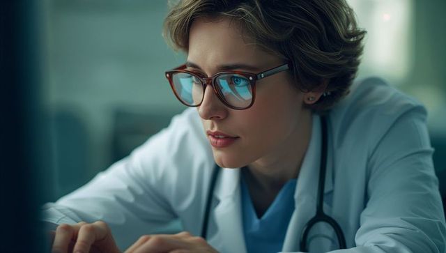 Focused female doctor entering patient data in clinic with stethoscope and glasses