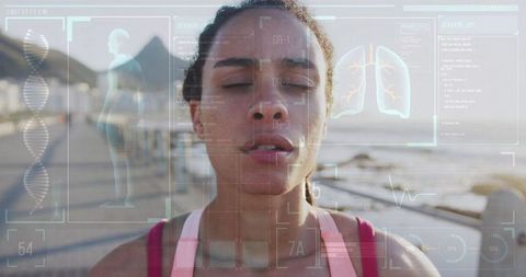 Digital Interface Overlaying Woman in Outdoor Fitness Routine