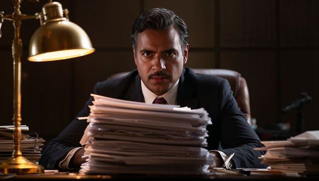 Hispanic executive reviewing paperwork at wooden desk under brass lamp, focused professional