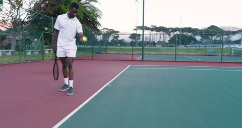 Midadult african-american man practicing serve on outdoor tennis court with racket