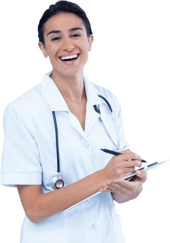 Cheerful female doctor writing on tablet with clipboard transparent background