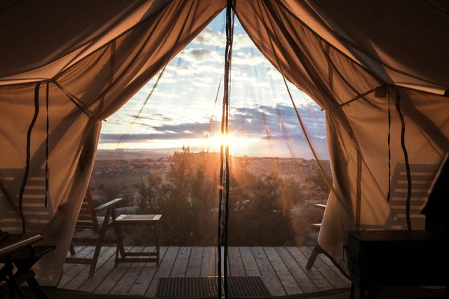 Glamping Tent with Scenic Sunrise View in Nature - Download Free Stock Photos Pikwizard.com