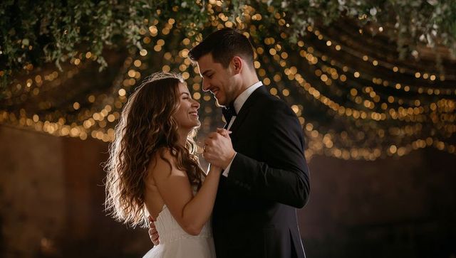 Romantic bride and groom dancing under fairy light canopy with rustic greenery bokeh