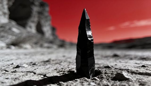 Obsidian obelisk standing on cracked desert ground under blood-red sky