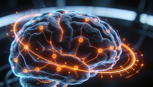 Futuristic glowing neural network brain with holographic nodes, data rings, ai interface