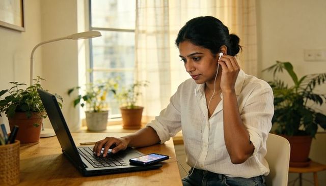 Woman adjusting earbud while typing on laptop in bright home workspace with plants